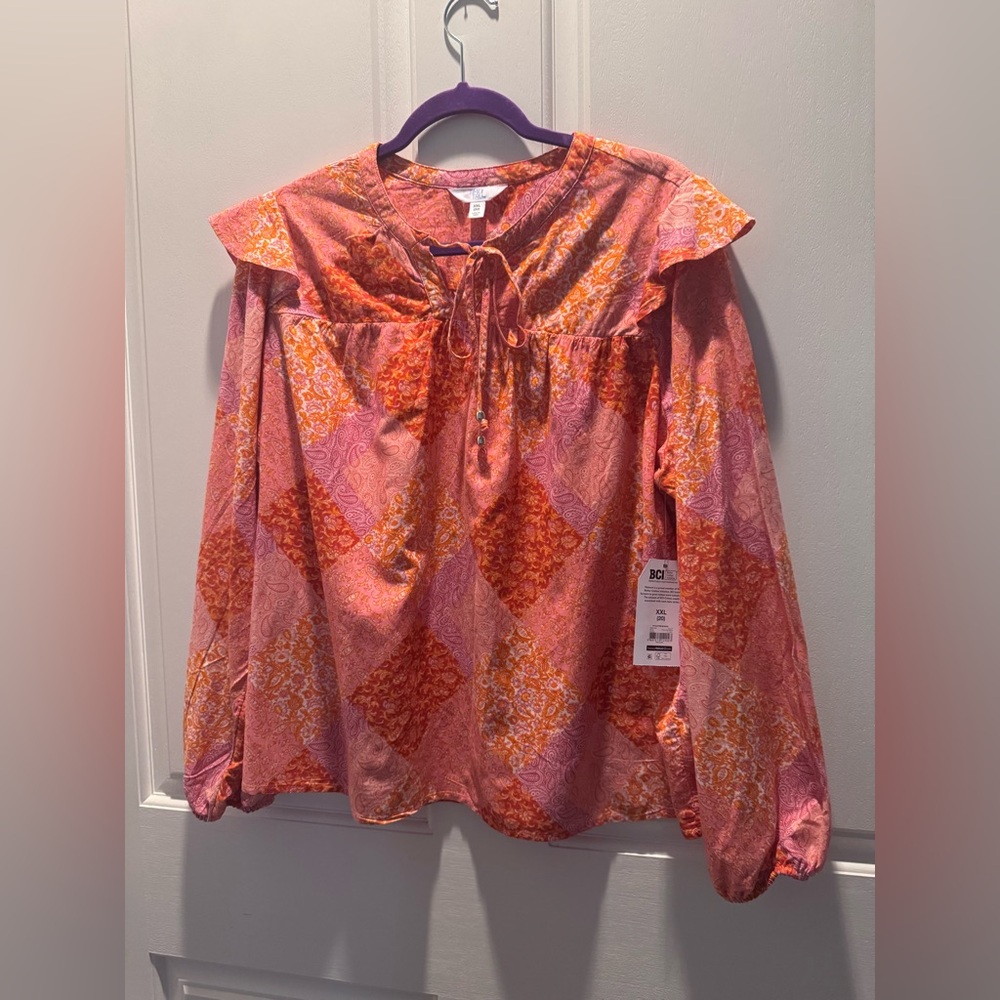 Time and Tru Pink and Orange Patchwork Tie-Neck Peasant Blouse